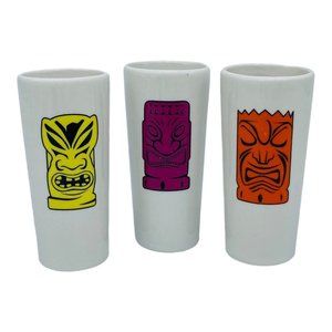Tiki Shot Glasses Ceramic Yellow Magenta & Orange Hawaiian Luau Barware SET OF 3